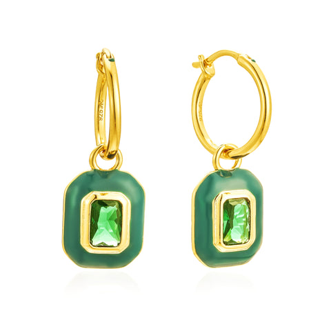 Green Enamel Baguette Charm Hoops