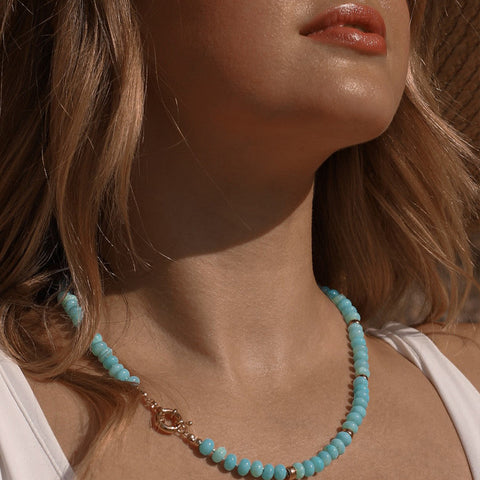 Aqua blue opal and gold necklace