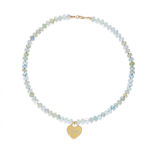 Chunky Aquamarine and LOVE Charm Necklace